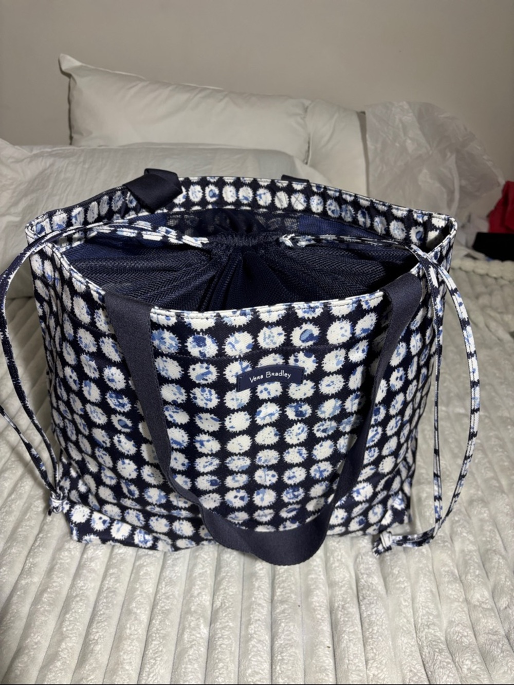 Vera Bradley Navy, White & Light Blue Circle-Print Drawstring Tote